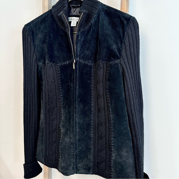 Coldwater Creek Black Suede Leather Sweater Cable Knit Zip Up Jacket Size L - Picture 2 of 13